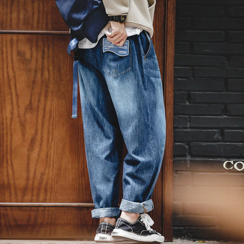 Men’s 7.8oz Washed Denim Jeans – Loose Fit Mid Rise Wide Leg Straight Blue Pants